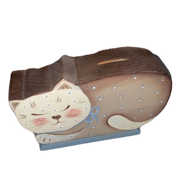 Vintage Folk Art Cat Carved Wood Bank Hand Painted Blue Flowers Tan Brown 6” - Picture 4 of 12